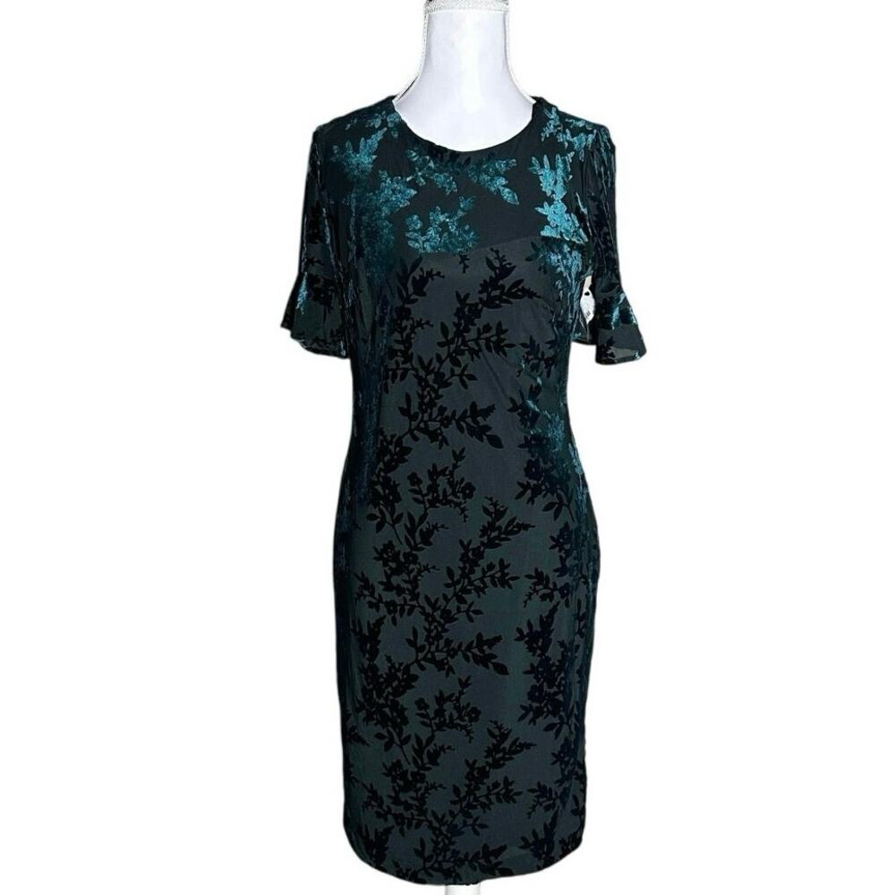 Calvin Klein Forest Green 6 Velvet Floral Holiday Party Dress